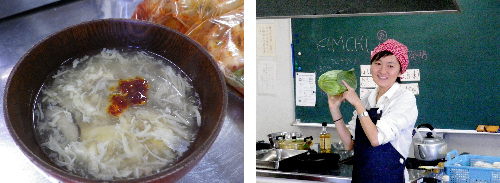 写真左：キノコの酸辣湯　写真右：講師の先生