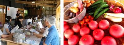 写真左：夏野菜について解説する講師の先生　写真右：じゃがいものノーザンルビーやシャドークイーン、白ナス、ビーツの珍しい野菜