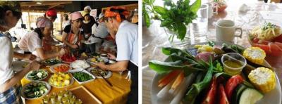 写真左：華やかな野菜バイキング作成風景　写真右：新鮮野菜と冷製パスタ