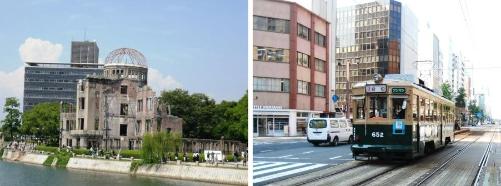 写真：元安川と原爆ドーム（写真左）、広島市内を走る路面電車（写真右）