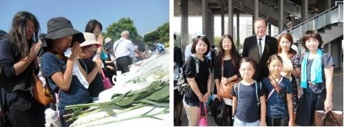写真：慰霊碑に献花（写真左）、式典終了後に市長と対面（写真右）