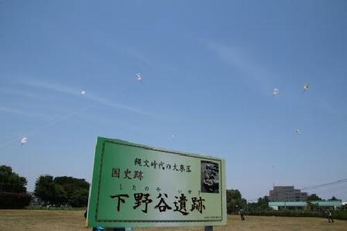 下野谷遺跡の空にたくさんの凧