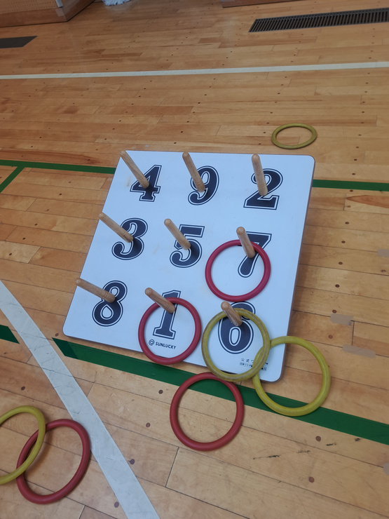 1回に9個の輪を投げ、輪の入った数字を加えていき、得点とします