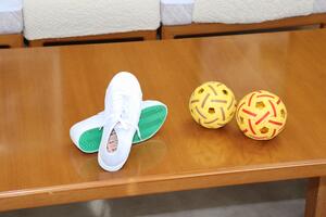競技によく使われる靴とセパタクローのボールの写真