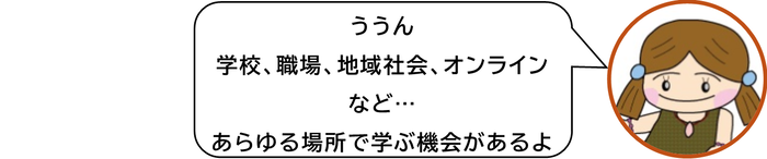 ううん　学校、職場、地域社会、オンラインなど　あらゆる場所で学ぶ機会があるよ