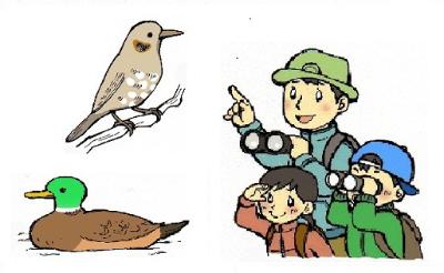 イラスト：野鳥を観察する親子3人