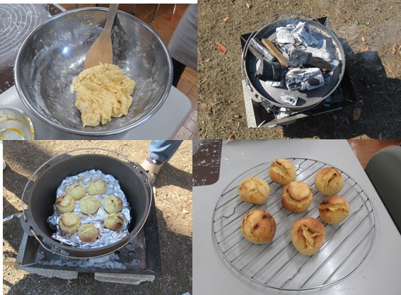 写真；生地つくり、炭火お越し、みんなで頑張ろう