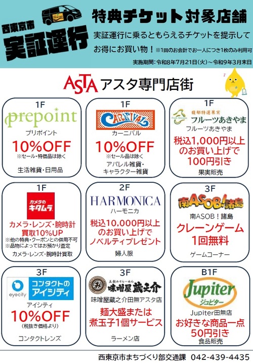 西東京市実証運行特典チケット対象店舗 チラシ