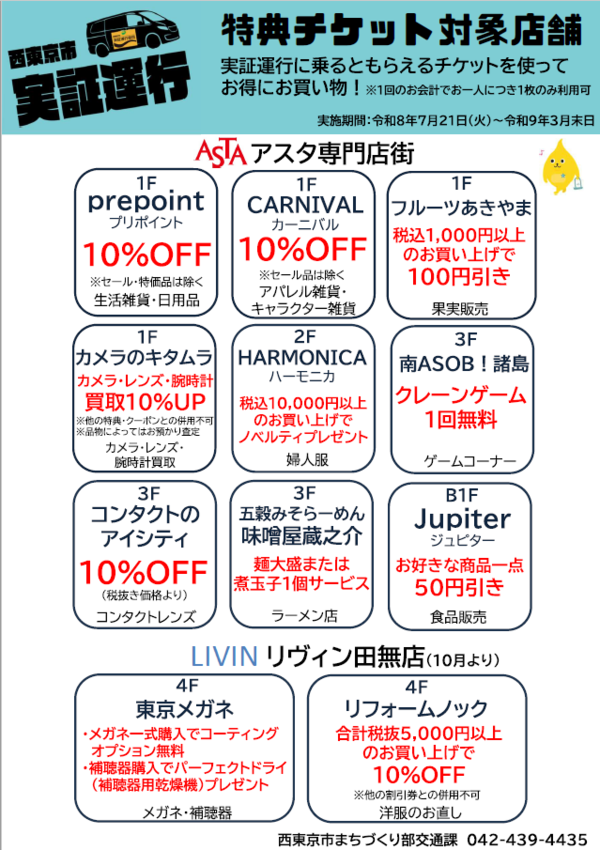 西東京市実証運行特典チケット対象店舗 チラシ