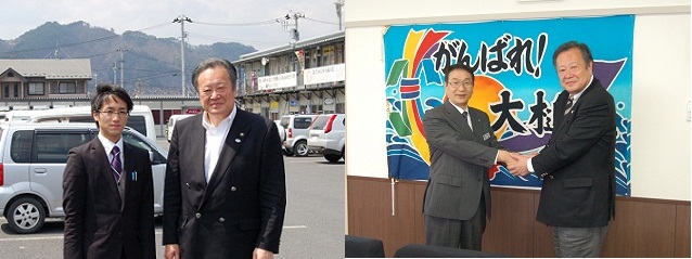 写真左：派遣職員激励の様子、右：大槌町長訪問の様子